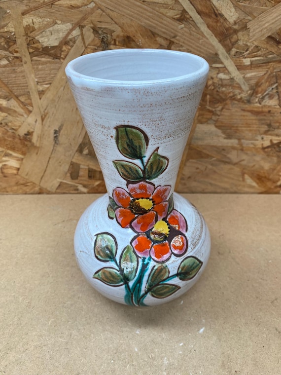 Joli Vase Ancien En Terre Cuite, Motifs Floraux, Marron, Vintage (très Bon état)
