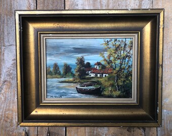 Oil Painting on Panel M. NIAVEL View of House by River + Golden Frame #A214