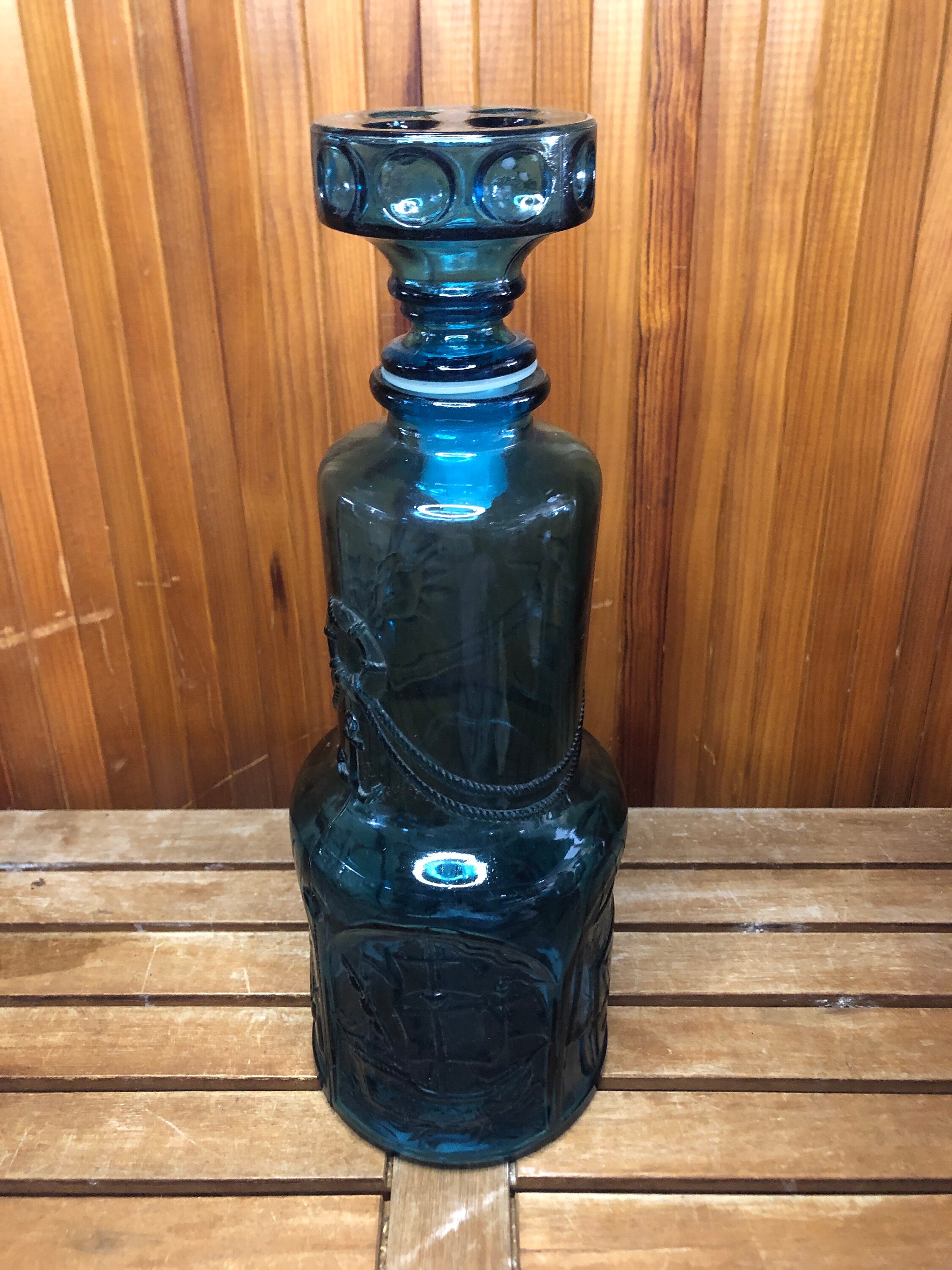 Antique Blue Molded Glass Bottle + Vintage Stopper #A460