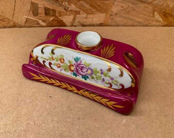 Antique Inkwell + Pen Holder MB Ceramic Rose Gold Vintage Flower Decor #B439