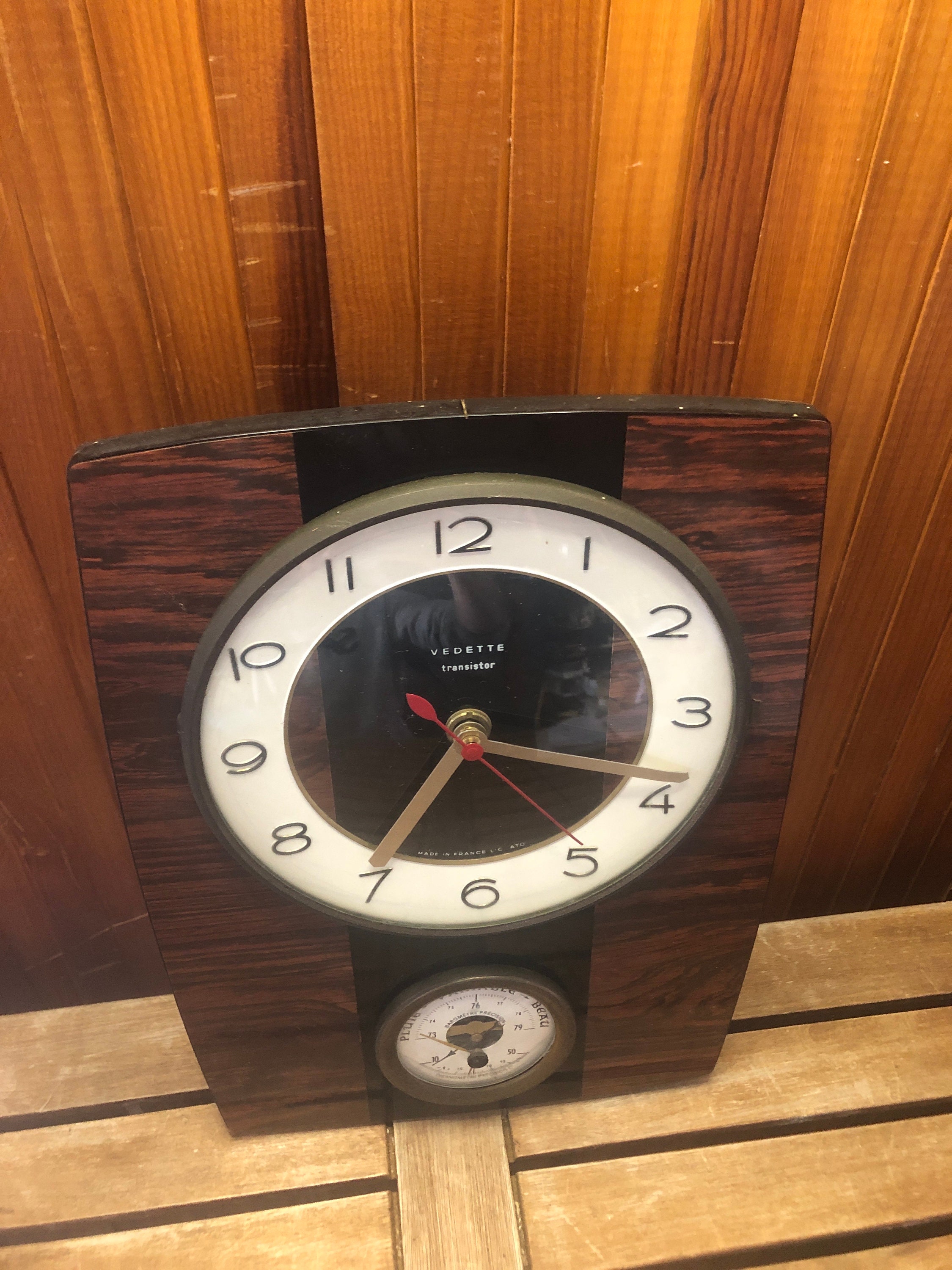 Horloge Vedette Vintage – Contour Formica Marron, Fabrication Française, état Correct