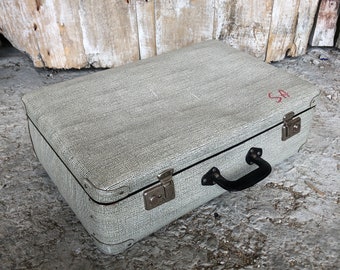 Old Grey Boiled Cardboard Suitcase Vintage Metal Clasp #A169