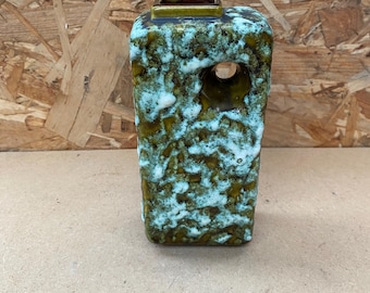 Antique MAREI Vase Rectangle Shape Fat Lava Green & White Vintage #B594