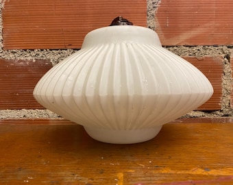 Antique Pendant Lamp Opaline White Saucer Shape Ribbed Vintage #C508