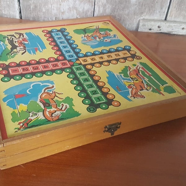 Ancien Plateau JEUX AUBE Jeu De L’Oie Dames Petits Chevaux Marelle En Bois #A692