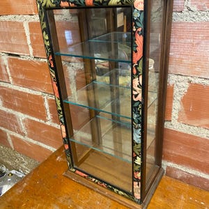 Antique Display Case Collectible Objects Wood Back Mirror Shelves Glass Vintage #C543