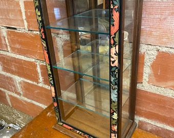 Antique Display Case Collectible Objects Wood Back Mirror Shelves Glass Vintage #C543