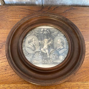Oud medaillonschilderij 18e-eeuwse gravure + houten frame #B776