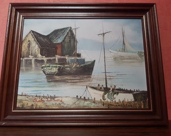 Oil Painting on Canvas by Charles Édouard, Marine Scene, Boats + Wooden Frame #C975