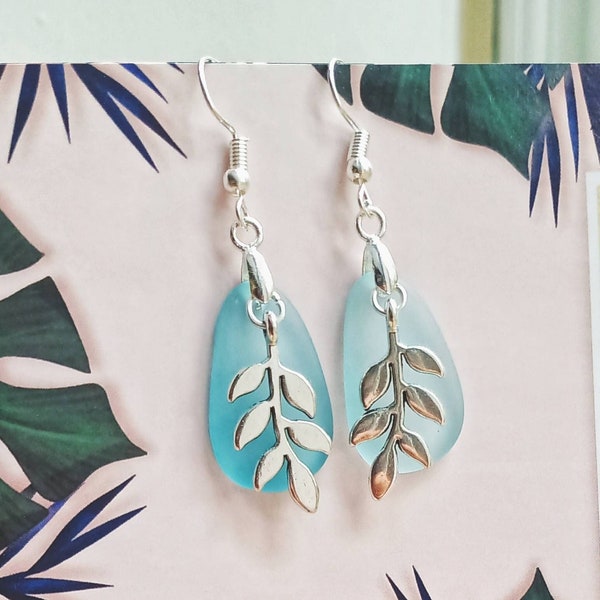 Sea glass earrings, Leaf dangle earrings, Gift for Her