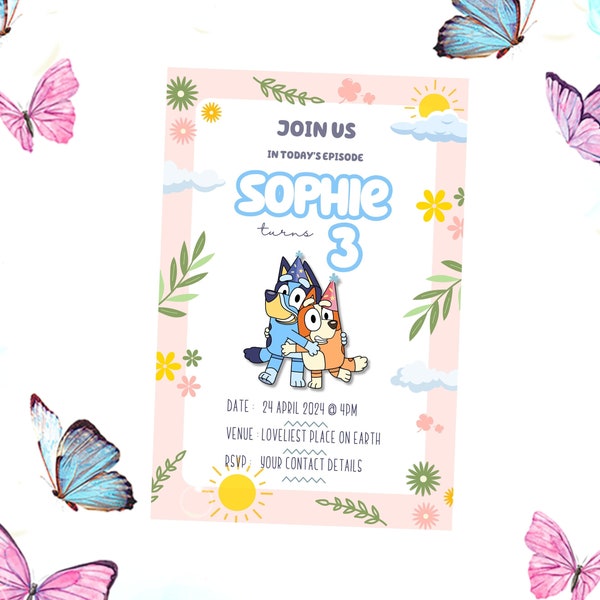 Bluey Invitation Card, Canva Invitation Editable Template, Personalised Birthday, Party Favours, Digital File Download, Pink Blue Boy Girl