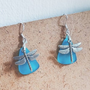SEA GLASS DRAGONFLY Earring, Trendy Earring, Silver Hoop Blue Designer Party Earring, Art Deco Festival Dangle For Girlfriend, Charm Earring