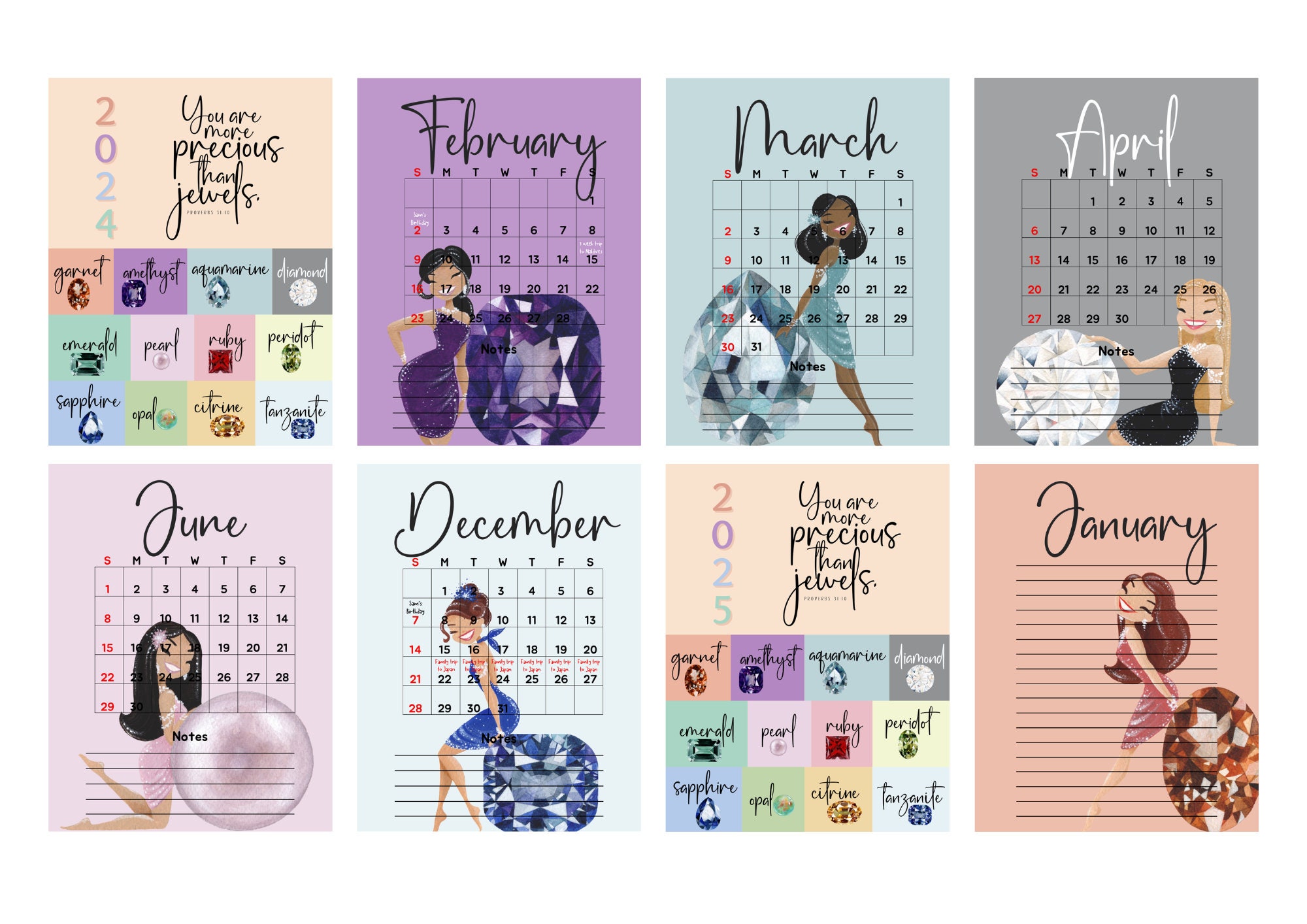 2025 Calendar With Monthly Birthstones | A4 & Letter Size