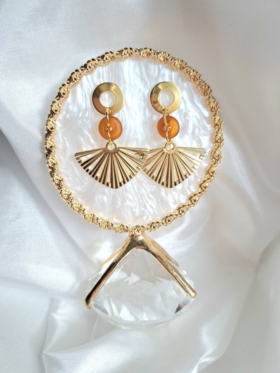 Sea Glass Earrings, Cultured Sea Glass, Dangle Drop Earrings, Fan Earring, Boho Stud, Statement