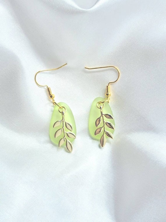 Cultured Sea Glass Dangle Earrings, Gold Leaf Charm