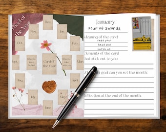 May include: A planner with a wheel of the year and a tarot card for January, the Four of Swords. The card shows a person resting on a bed with four swords above them. The planner has space to write about the meaning of the card, elements of the card, a mini goal for the month, and a reflection at the end of the month.