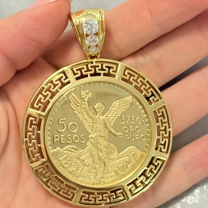 Design 50 Pesos Moneda Mexican Coin Pendant 14k Yellow Gold Plated Lab Created. Centenario