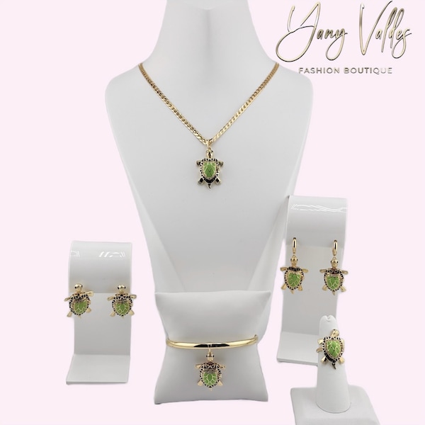 Elegantes Schildkröten-Schmuckset für Damen, 14 Karat vergoldet, bestehend aus Kette, Halskette, Ohrringen und Ring. Hochwertiges Design.