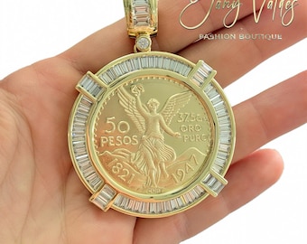 Design 50 Pesos Moneda Mexican Coin Pendant 14k Yellow Gold Plated Lab Created. Centenario
