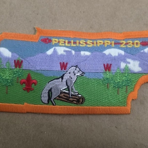 Puede incluir: Parche bordado con la forma de Tennessee, con un lobo sobre un tronco, montañas, árboles y el texto "PELLISSIPPI 230". El parche tiene un borde naranja y una combinación de colores verde, azul y morado.