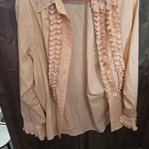 May include: Peach-colored button-down shirt with ruffled detailing down the front and on the cuffs. The shirt has a pointed collar and is hanging on a pink hanger. The brand name "Elton" is visible on a tag.