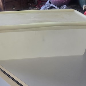 Puede incluir: Un recipiente rectangular de plástico blanquecino con una tapa a juego. El recipiente tiene una forma ligeramente redondeada y parece ser vintage. La tapa encaja perfectamente en la parte superior, creando un espacio de almacenamiento sellado.