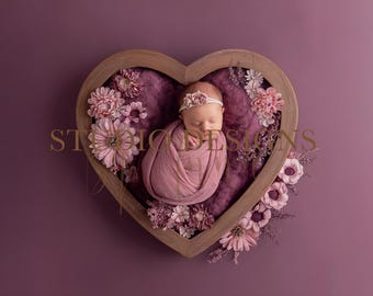 Digital Backdrop Newborn Floral heart basket, Newborn Digital Photo Prop, baby Prop, floral Composite, baby bed composition, flowers