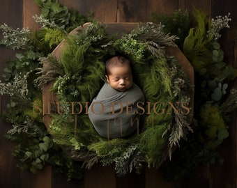 Digital Backdrop Newborn Floral Basket, Newborn Digital Photo Prop, Newborn Digital Background Prop,  Flowers, Greenery, Leaves, overhead