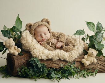 May include: A sleeping baby wearing a brown bear costume with a hood, lying in a fluffy, cream-colored nest on a log. Two small teddy bears and greenery surround the baby, creating a woodland theme.