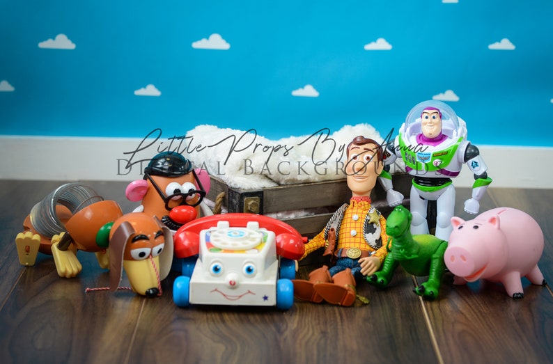 May include: A collection of toy characters from the Toy Story franchise, including Woody, Buzz Lightyear, Slinky Dog, Mr. Potato Head, Rex, and a piggy bank. The toys are arranged on a wooden floor in front of a blue wall with white clouds.