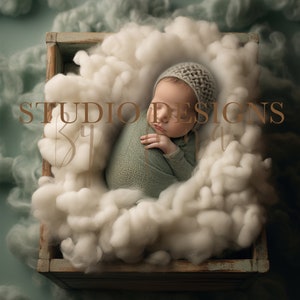 Puede incluir: Un bebé recién nacido duerme plácidamente en una caja de madera llena de material blanco y esponjoso. El bebé lleva un atuendo de punto verde y un gorro de punto marrón. El fondo es de color verde suave.