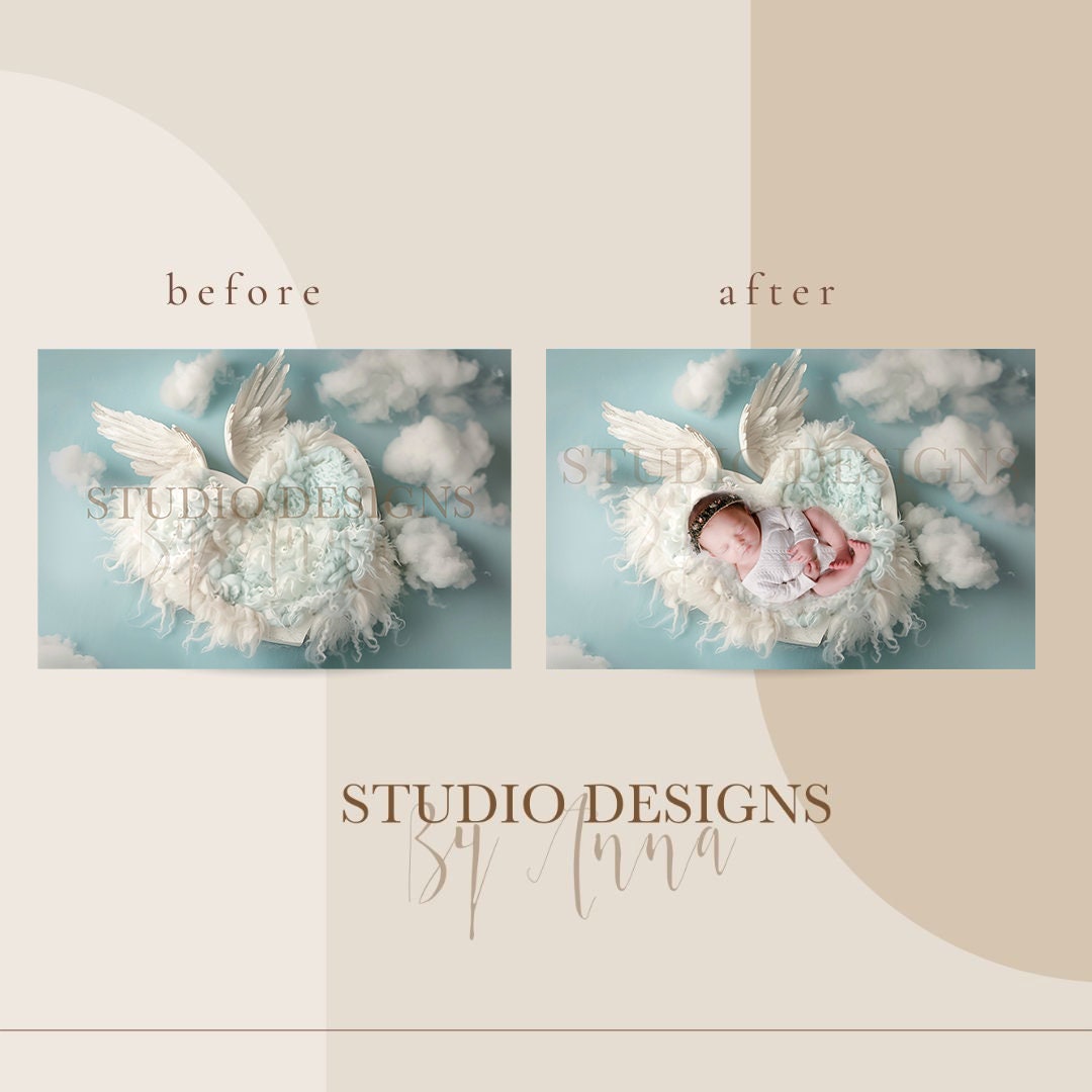 Digital Backdrop Newborn White Wings Floral Basket, Sky Digital Prop ...