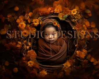 May include: A newborn baby wrapped in a brown swaddle, nestled in a woven basket surrounded by dried orange and brown flowers. The baby is looking directly at the camera. The text "STUDIO DESIGNS" is visible in the image.