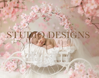 May include: A newborn baby sleeping in a white carriage decorated with pink flowers. The carriage is surrounded by pink cherry blossom branches.