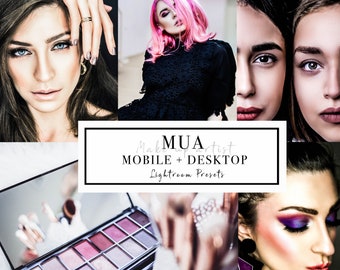 May include: A collage of images featuring makeup looks and a palette of eyeshadows. The text "MUA Makeup Artist Mobile + Desktop Lightroom Presets" is displayed in the center of the image.