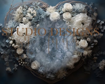 Digital Backdrop Newborn Floral Heart Bowl, Newborn Digital Photo Prop, Newborn Digital Background Girl Prop, digital Composite