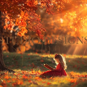 May include: A young girl sits in a field of fallen autumn leaves, reading a book. The leaves are a mix of orange, red, and yellow, and the sun is shining through the branches of a tree overhead. The girl is wearing a red dress and has long blonde hair.