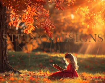 May include: A young girl sits in a field of fallen autumn leaves, reading a book. The leaves are a mix of orange, red, and yellow, and the sun is shining through the branches of a tree overhead. The girl is wearing a red dress and has long blonde hair.