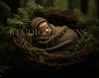 May include: A newborn baby is sleeping peacefully in a nest made of twigs and moss, surrounded by green ferns. The baby is wearing a brown knitted hat and a brown blanket.