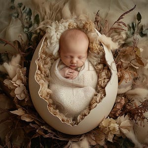 Easter Egg newborn Digital Backdrop Baby Digital Photo overlay baby composite nest prop rustic  flowers neutral tones egg shell