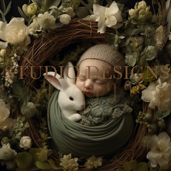 Face insert newborn Digital Backdrop, Newborn Digital Photo, Minimal Digital Background  composite, rabbit , Easter, bunny, add face overlay