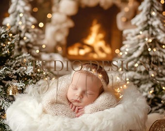 May include: A newborn baby sleeping in a white fur-lined basket, wearing a white knitted sweater and a gold headband with lights. The baby is surrounded by a snowy, wintery scene with a fireplace and Christmas trees in the background.