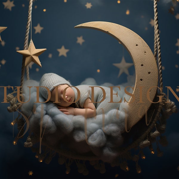 Digital Backdrop Newborn Clouds and Stars, swing Newborn Digital Photo Prop, Newborn Digital Background Boy Prop, Blue and White, gold moon