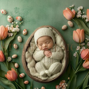 May include: A newborn baby wearing a cream-colored knitted outfit sleeps peacefully in a brown wicker basket surrounded by pastel pink tulips and decorative eggs.