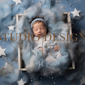 Digital Backdrop Newborn Clouds and Stars, Newborn Digital Photo Prop, Baby Digital Background Boy Prop Bed, Blue White, Overhead overlay