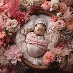 Digital Backdrop Newborn Girl Pink Floral Basket, Newborn Digital Photo Prop, Newborn Digital Background Girl Prop, Pink  Flowers