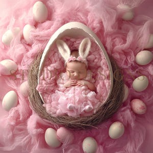 May include: A newborn baby wearing a pink dress and bunny ears is sleeping in a white egg-shaped prop surrounded by pink fabric and pastel-colored Easter eggs.