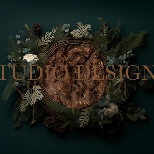 May include: A brown woven basket filled with greenery, pine cones, and white flowers. The basket is surrounded by a wreath of greenery and pine cones. The text "STUDIO DESIGNS" is visible in the image.