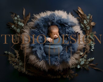 Digital Backdrop Newborn Blue Floral Basket, Newborn Digital Photo Prop,baby Digital Background Girl boy Prop,  Flowers composite overhead