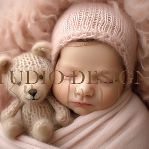 May include: A newborn baby wearing a pink knitted hat and swaddled in a pink blanket, sleeping peacefully with a knitted teddy bear.